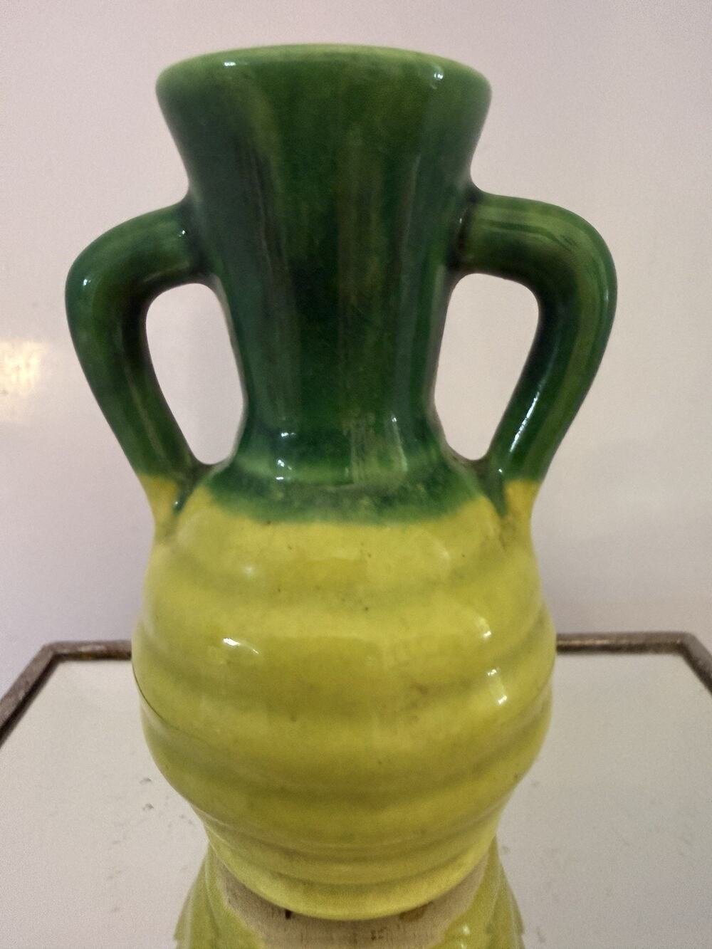 Vintage 1940’s Double Handle Pottery Bud Vase Mid-Century Yellow Green 4”